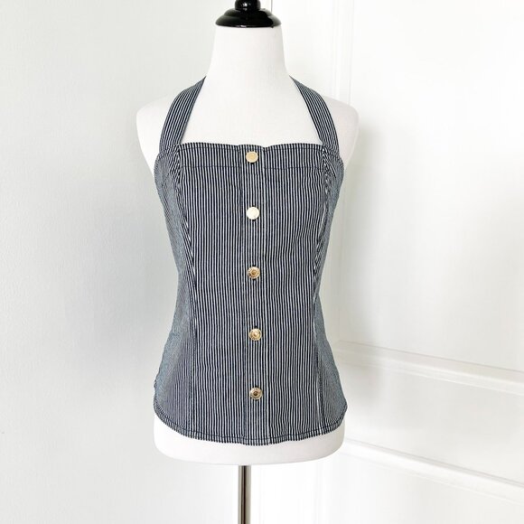 Express Striped Denim Halter Neck Button Front Top - Picture 1 of 4